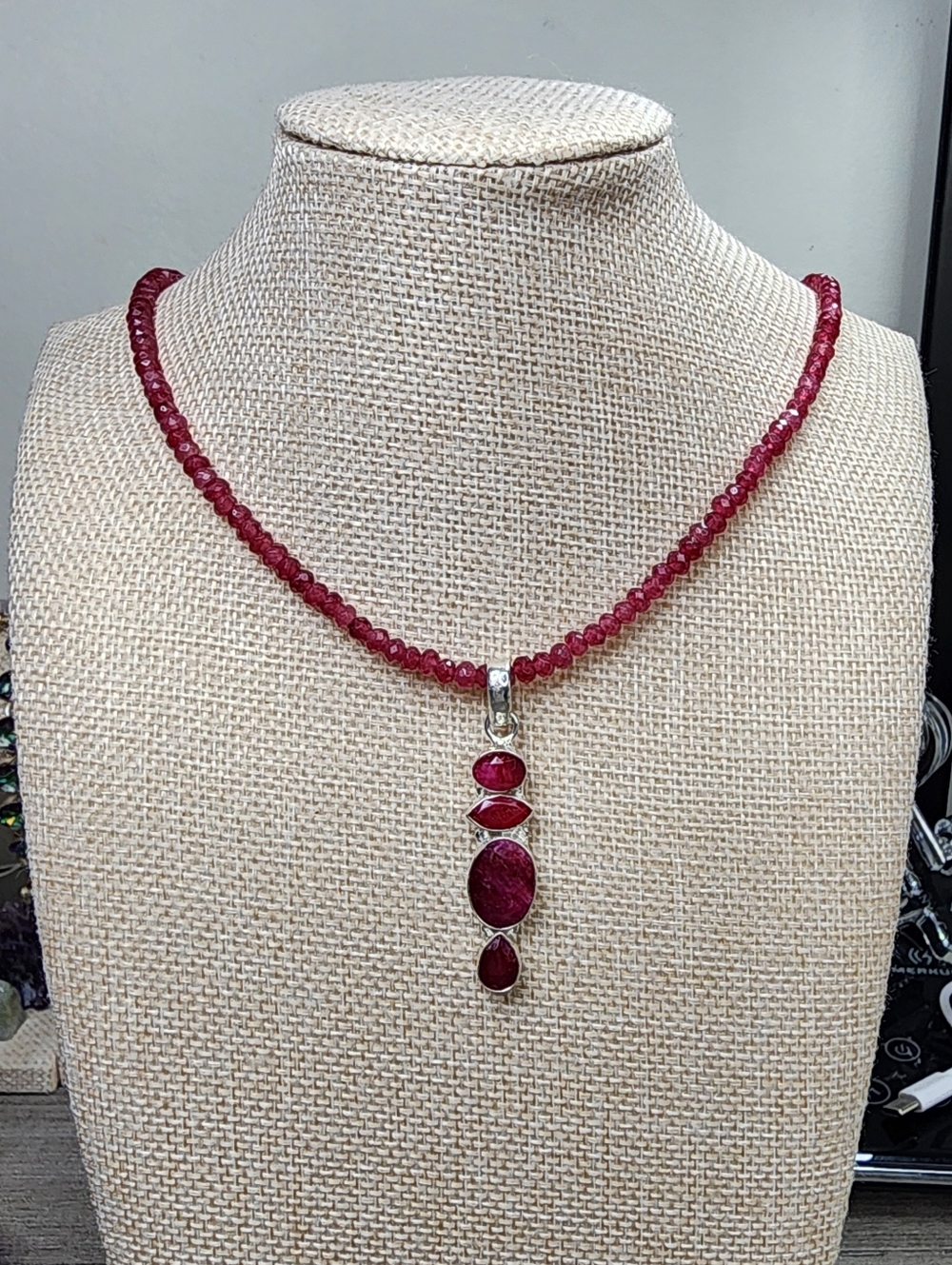 Elegant Ruby Beaded Necklace with Ruby Set In Sterling Silver Pendant
